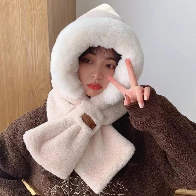 여성용 한국 버전 플러스 벨벳 따뜻한 스카프 울 모자, 야외 방한 귀 보호 원피스 캡, 가을 및 겨울